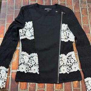INC International Concepts Black Blouse with White Lace Panels